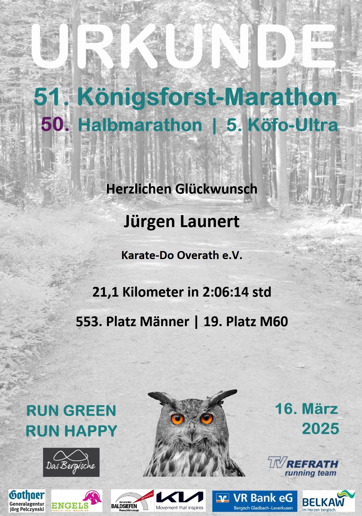 Marathon Königsforst 2025 Urkunde